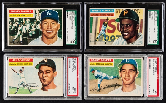 1956 Topps Baseball Card SGC/PSA-Graded Starter Set (137/340) with 33-Clemente (NM 7), 135-Mantle (NM 7), 79-Koufax (NM 7) & 292-Aparicio RC (NM 7) - Includes NM (52), NM+ (47) and NM/MT (38) Cards!