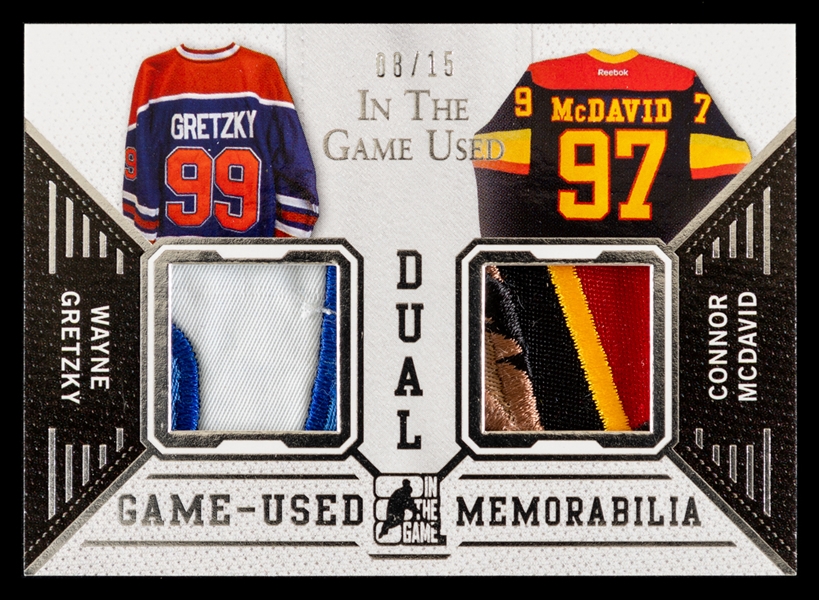 2014-15 ITG In The Game Used Dual Game-Used Patches Hockey Card #GU2P-05 HOFer Wayne Gretzky / Connor McDavid (08/15)