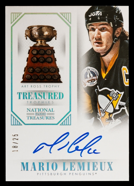 2013-14 Panini National Treasures Art Ross Trophy Treasured Trophies Signed Hockey Card #AR-ML HOFer Mario Lemieux (18/25)