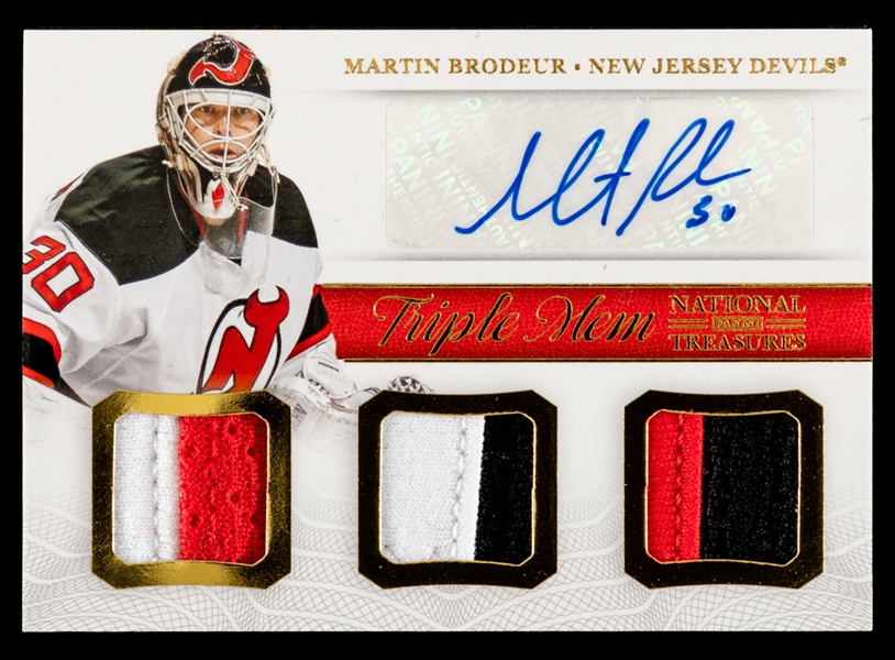 2013-14 Panini National Treasures Triple Memorabilia Signed Hockey Card #TM-MB HOFer Martin Brodeur