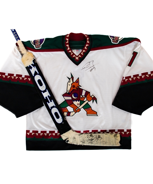 Sean Burkes 2002-03 Phoenix Coyotes Signed Koho Game-Used Stick Plus Signed Pro-Stock Coyotes Jersey