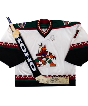 Sean Burkes 2002-03 Phoenix Coyotes Signed Koho Game-Used Stick Plus Signed Pro-Stock Coyotes Jersey