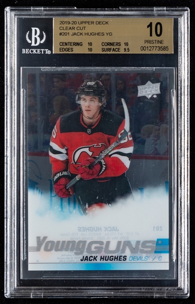 2019-20 Upper Deck Young Guns Clear Cut Hockey Card #201 Jack Hughes Rookie - Beckett-Graded Pristine 10 - Pop-4 Highest Graded!