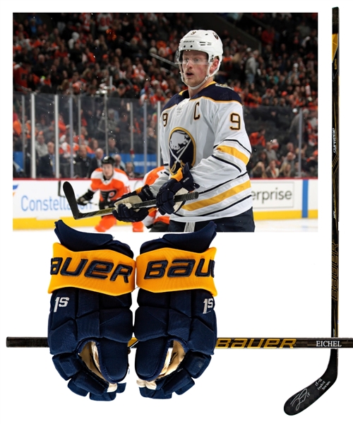 Jack Eichels 2019-20 Buffalo Sabres Game-Used Bauer Supreme 1S Gloves Plus Signed 2015-16 Bauer Supreme 1S Game-Issued Rookie Season Stick