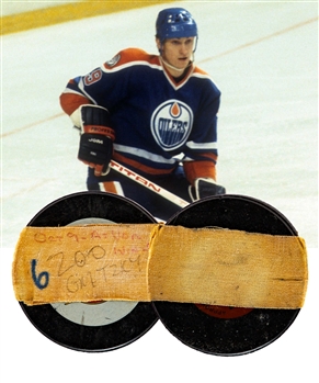 Wayne Gretzkys October 9th 1982 Edmonton Oilers 200th NHL Career Goal Milestone Puck with Team LOA