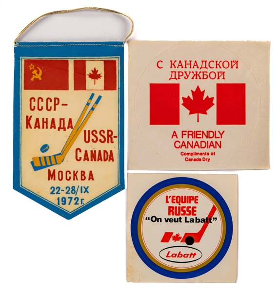 1972 Canada-Russia Series Scarce Mini Pennant from Moscow Plus Canada Dry and Labatt Vintage 1972 Series Stickers (2) 