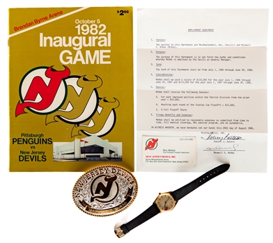 Max McNabs New Jersey Devils Collection Inc. 1988 Personalized Belt Buckle, 1986-88 Signed Employment Agreement, Watch, 1982 Inaugural Game Program & More with Family LOA