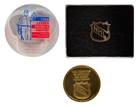 Max McNabs 1982 Hall of Fame Dinner Medallion in Case and 1998 Lester Patrick Award Program and Souvenir Lucite Puck (McNabs a Recipient) with Family LOA 