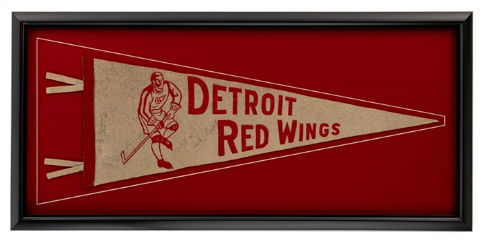 Vintage Detroit Red Wings "Original Six Era" Multi-Signed Full Size Felt Player Pennant with Tassels Framed Display from Max McNabs Personal Collection with Family LOA