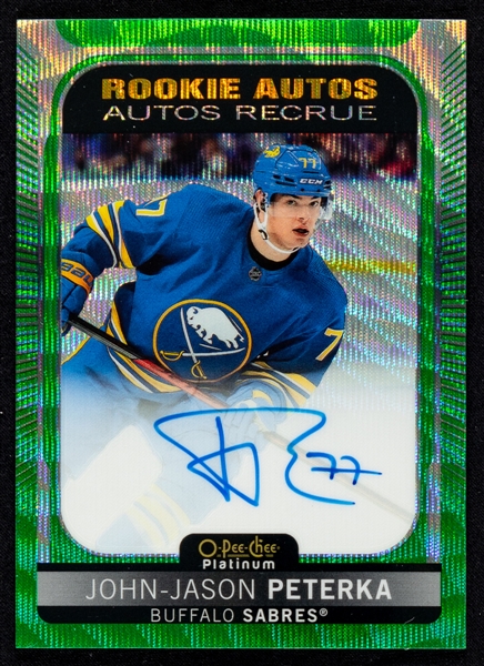 2021-22 O-Pee-Chee Platinum Rookie Autos Emerald Surge Hockey Card #R-PJ John-Jason Peterka Rookie (02/10)