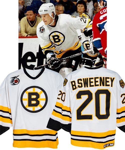 Bob Sweeneys 1991-92 Boston Bruins Game-Worn Jersey with MeiGray LOA & COR - NHL 75th Patch! - Team Repairs!