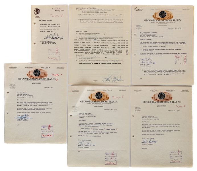 Chicago Black Hawks 1973-75 Document Collection of 35 Including 14 Signed by Deceased HOFer Tommy Ivan 