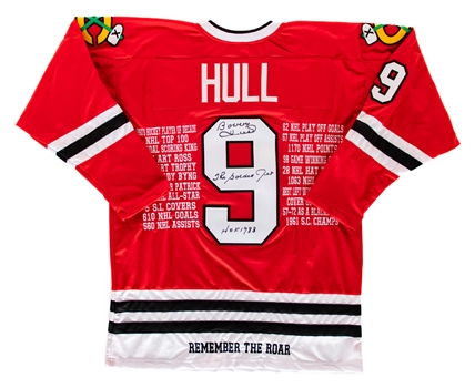 Bobby Hull Signed Chicago Black Hawks Stats Jersey with Hull Family LOA - "Golden Jet" and "HOF 1983" Annotations 