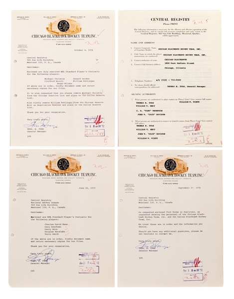 Chicago Black Hawks 1972 and 1973 Document Collection of 25 Including 13 Signed by Deceased HOFer Tommy Ivan 