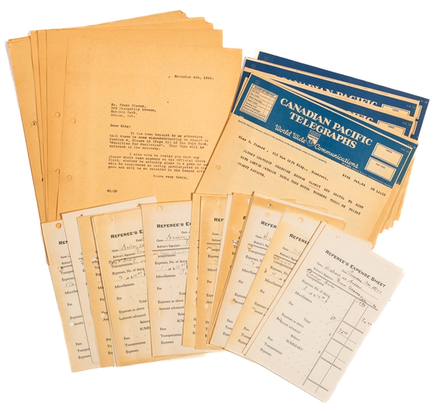 Deceased HOFer King Clancy 1944-45 Signed Referees Expense Sheets (12) Plus Telegrams (10)