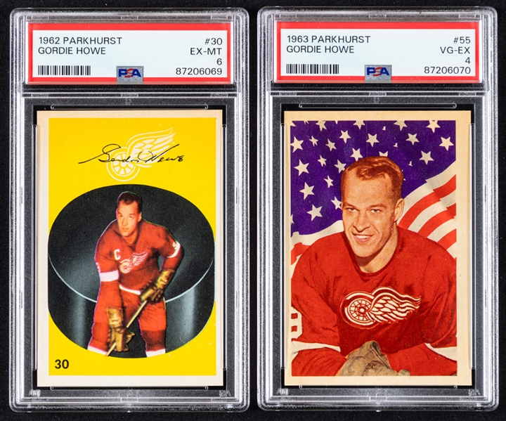 1962-63 Parkhurst Hockey Card #30 HOF Gordie Howe (Graded PSA 6) and 1963-64 Parkhurst Hockey Card #55 HOFer Gordie Howe (Graded PSA 4)