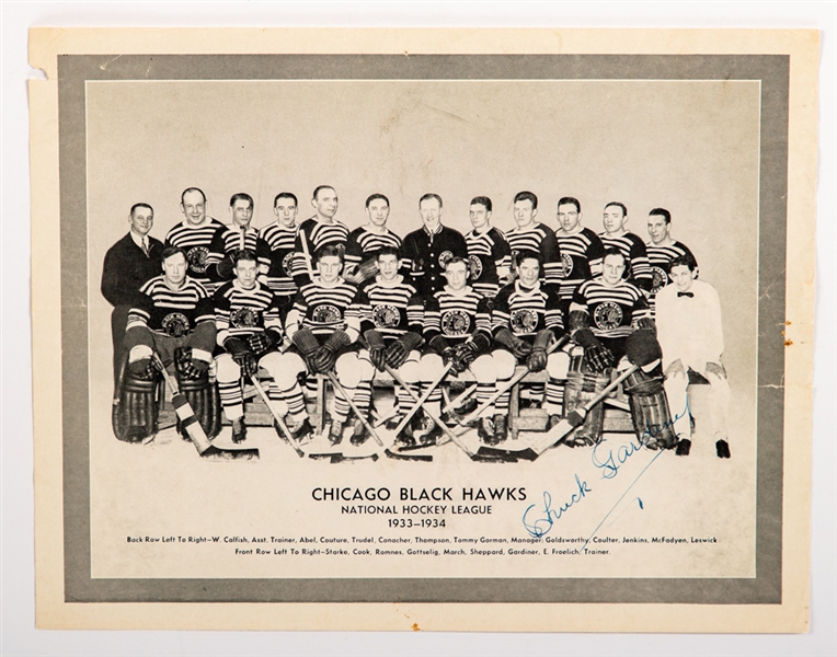 Deceased HOFer Charlie "Chuck" Gardiner Signed 1933-34 Chicago Black Hawks Team Picture with LOA - Vezina Trophy Season! - Stanley Cup Championship Season!