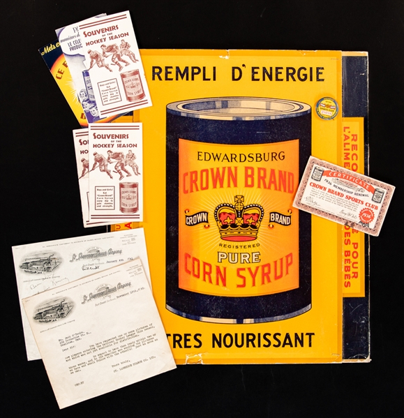 1935-40 Crown Brand Hockey Photos Memorabilia Collection Including 1935 Sports Club Pinback Button & 1936 Membership Certificate, Assorted Items (30) Plus Vintage Crown Brand Store Advertising Sign
