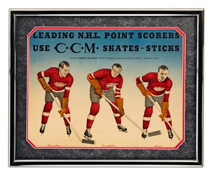 Rare Detroit Red Wings 1939-40 CCM Advertising Framed Display with Ebbie Goodfellow, Mud Bruneteau and Syd Howe (21 1/2" x 26 1/2")