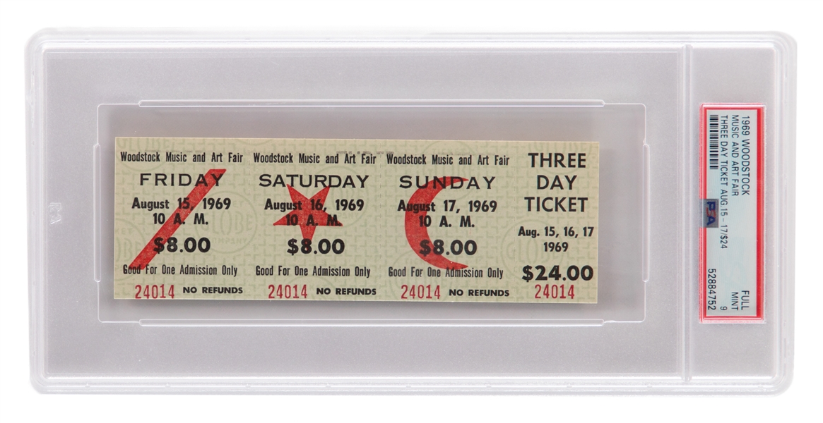 Historic 1969 Woodstock Music Festival Full 3-Day $24.00 Unused Ticket - Graded PSA 9 MINT