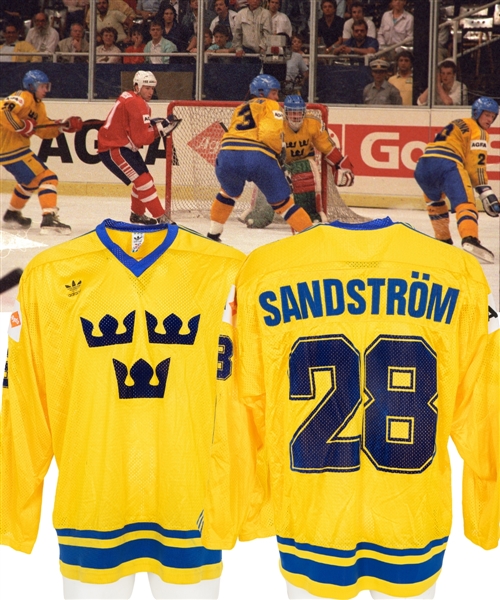 Tomas Sandstroms 1987 IIHF World Championships Team Sweden Game-Worn Jersey from His Personal Collection with LOA 