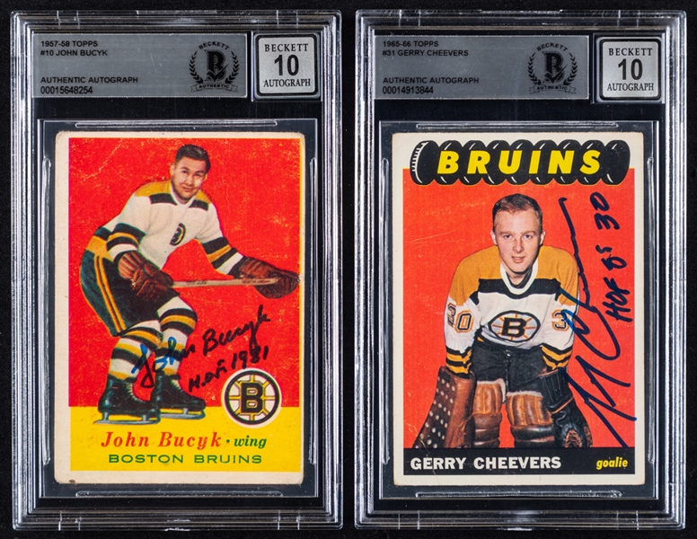 1957-58 and 1965-66 Topps Signed Boston Bruins Hockey Rookie Cards (2) of HOFers Johnny Bucyk and Gerry Cheevers (Beckett Certified Authentic Autographs)