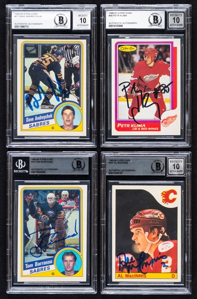 1984-87 O-Pee-Chee Signed Hockey Rookie Cards (4) of HOFers Dave Andreychuk, Tom Barrasso and Al MacInnis Plus Petr Klima (Beckett Certified Authentic Autographs)