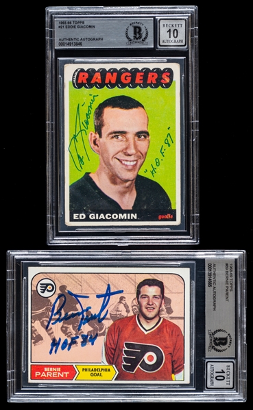 1965-66 and 1968-69 Topps Signed Hockey Rookie Cards of HOFers Eddie Giacomin and Bernie Parent (Beckett Certified Authentic Autographs - Autographs Graded 10)