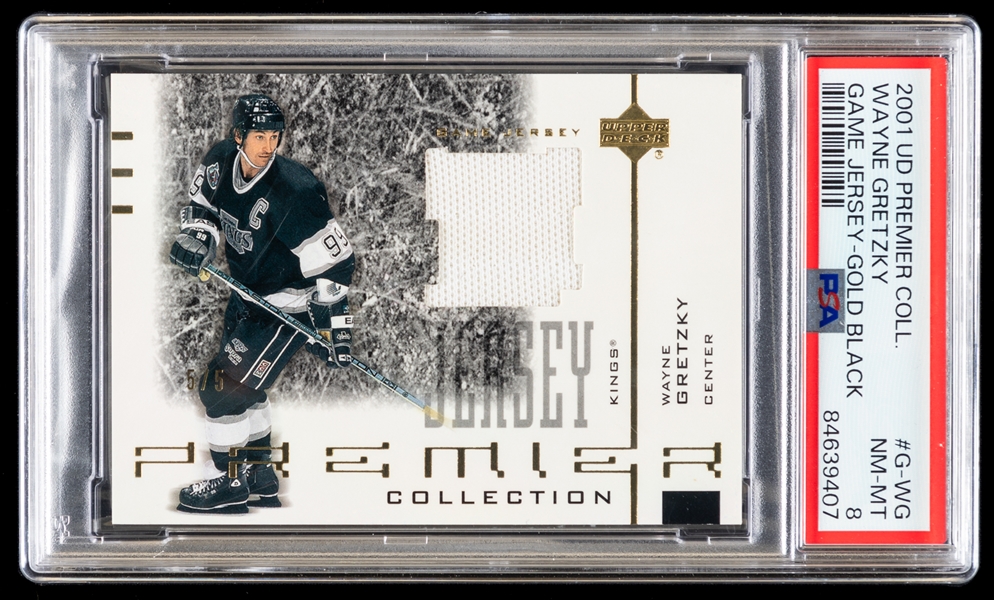 2001-02 Upper Deck Premier Collection Game Jersey Gold Hockey Card #G-WG HOFer Wayne Gretzky (5/5) - Graded PSA 8