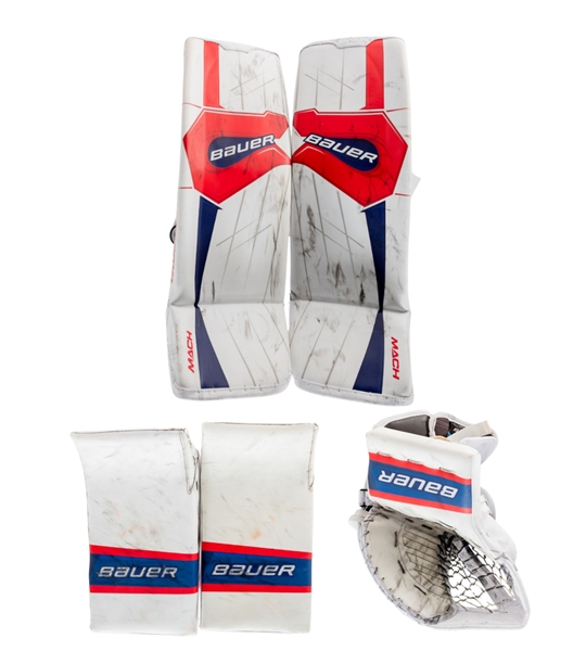 Cayden Primeaus 2023-24 Montreal Canadiens Photo-Matched Bauer Game-Worn Pads, 2021-23 Bauer Game-Used Blockers (2), Glove and Bauer Chest Protector 