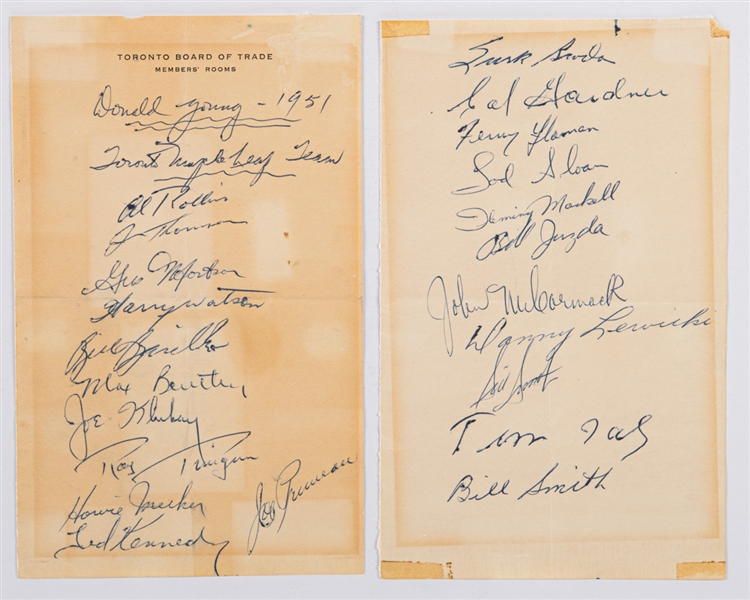 Toronto Maple Leafs 1950-51 Stanley Cup Champions Team-Signed Sheets by 22 Including Bill Barilko and Deceased HOFers Primeau, Bentley, Kennedy, Watson, Flaman and Broda with LOA