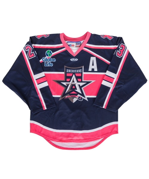 Colton Saucermans 2022-23 ECHL Allen Americans "Hockey Fights Cancer" Signed Game-Worn Alternate Captains Jersey