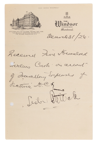 Deceased HOFer Lester Patrick Signed 1926 Windsor Hotel Letterhead with LOA - Signed as WHL Victoria Cougars Head Coach/Player During the 1926 Stanley Cup Finals!