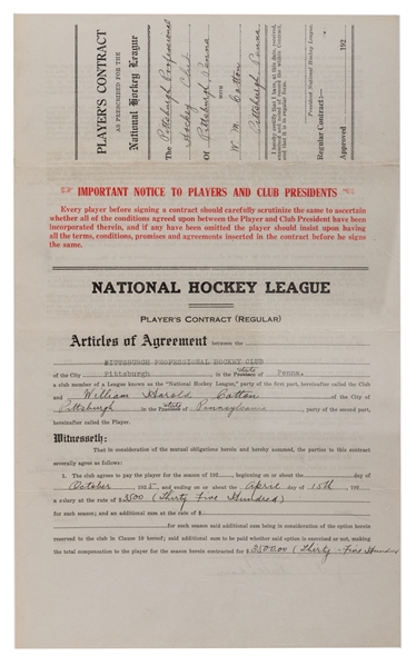 Harold "Baldy" Cotton 1925-26 NHL Pittsburgh Pirates Official NHL Players Rookie Contract - Inaugural Season in NHL for the Pirates!