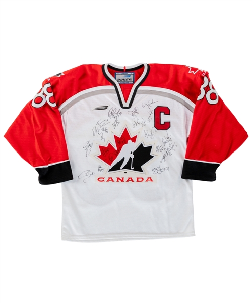 Team Canada 1998 Nagano Winter Olympics Team-Signed Jersey by 23 with JSA Auction LOA Including Gretzky, Roy, Messier, Brodeur, Bourque, Yzerman, Sakic, Lindros and Others