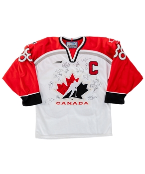 Team Canada 1998 Nagano Winter Olympics Team-Signed Jersey by 23 with JSA Auction LOA Including Gretzky, Roy, Messier, Brodeur, Bourque, Yzerman, Sakic, Lindros and Others