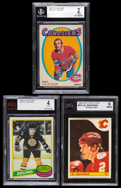 1971 to 1985 O-Pee-Chee Graded Hockey Card Collection of 3 Including Rookie Cards of HOFers Guy Lafleur, Ray Bourque and Al MacInnis