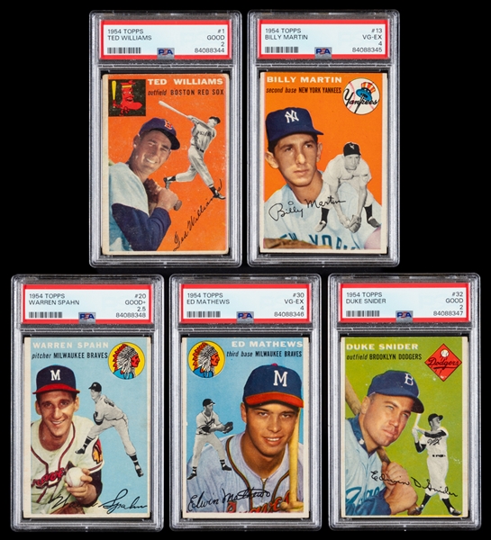 1954 Topps Baseball Baseball Cards (39) with PSA-Graded Cards (5) Including HOFers #1 Williams, #13 Martin, #20 Spahn, #30 Matthews and #32 Snider