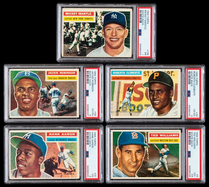 1956 Topps Baseball Baseball Cards (163) with PSA-Graded Cards (11) Including HOFers #1 Mantle (PR 1), #30 Robinson (VG-EX 4), #33 Clemente (VG-EX 4), #56 Aaron (VG 3) and #5 Williams (VG+ 3.5)