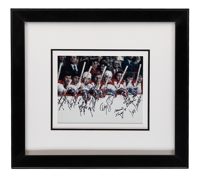 Montreal Canadiens "The Bench Part 2" Multi-Signed Framed Photo by 9 with Lafleur, Shutt, Robinson and Savard (18" x 20")
