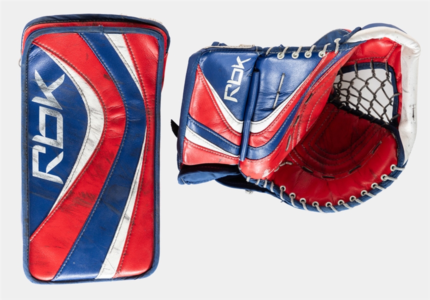 Cristobal Huets Mid-to-Late-2000s Montreal Canadiens Game-Worn RBK Glove (2006-07) and Blocker (2007-08) Set Plus McFarlane Figurine