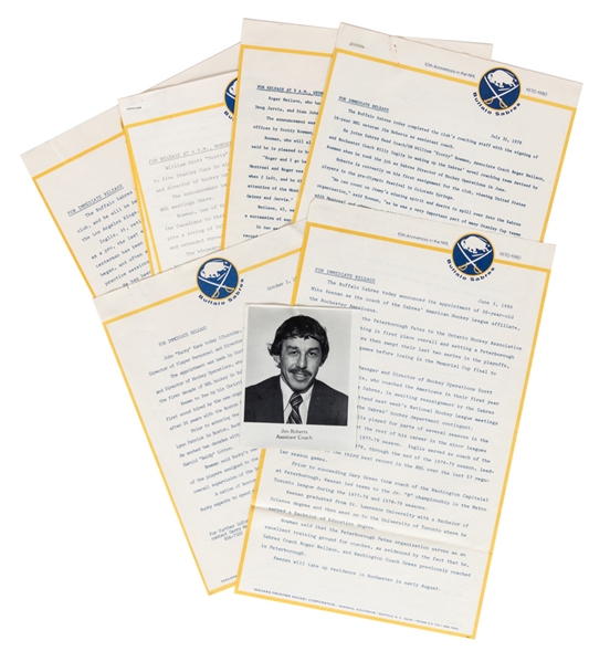 Buffalo Sabres 1978-80 Press Releases (6) Regarding Scotty Bowman, Roger Neilson and Mike Keenan
