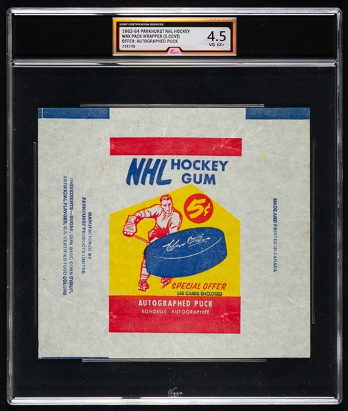 1963-64 Parkhurst Hockey Wrapper (Autographed Puck Offer) - Graded iCert VG-EX+ 4.5