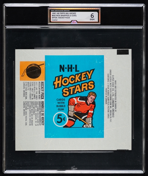 1967-68 Topps Hockey Wrapper (Hockey Puck Offer) - Graded iCert ENM 6 