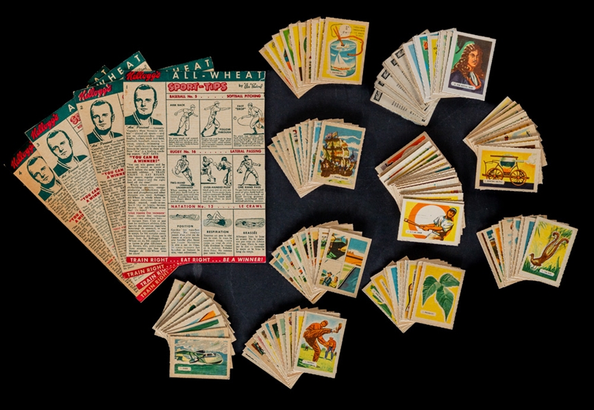 Kelloggs All-Wheat 1945-46 to 1947-48 Series 1 to 3 Collection of Sports and Non-Sports Cards (188) Including Series 3 Near-Complete Set (149/150) plus Ace Percival Sport-Tips Cereal Box Panels (4)