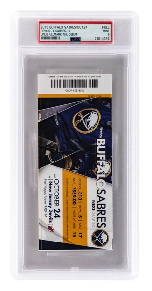 October 24th 2015 Buffalo Sabres vs New Jersey Devils PSA-Graded Full Ticket - Linus Ullmark NHL Debut! - Graded PSA 9 - Highest Graded!