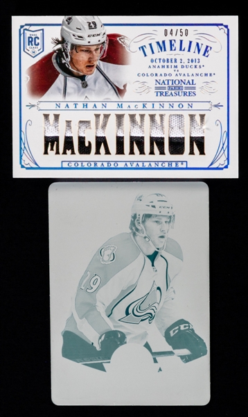 2013-14 Panini National Treasures Rookie Timeline Hockey Card #RT-NMK Nathan MacKinnon (04/50) & 2013-14 Panini Totally Certified #229 Nathan MacKinnon Cyan Plate (1/1)