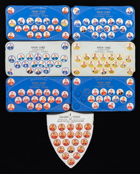 1960 to 1969 Shirriff Hockey Coins (169) with One (1) Canadiens Team Shield, Six (6) 1963-64 Nalleys CFL Team Shields and 1980-81 Pepsi Hockey Caps (102)