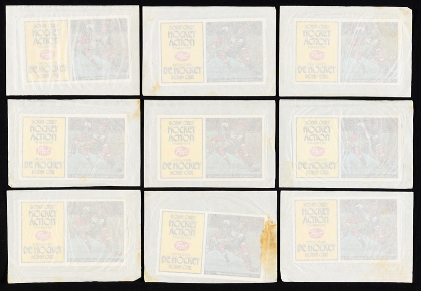 1972-73 Post Bobby Orr Hockey Action Transfers Unopened Packs (9) Including #1 Defense Garry Unger / Bobby Orr (2) Plus Additional Ones (11)
