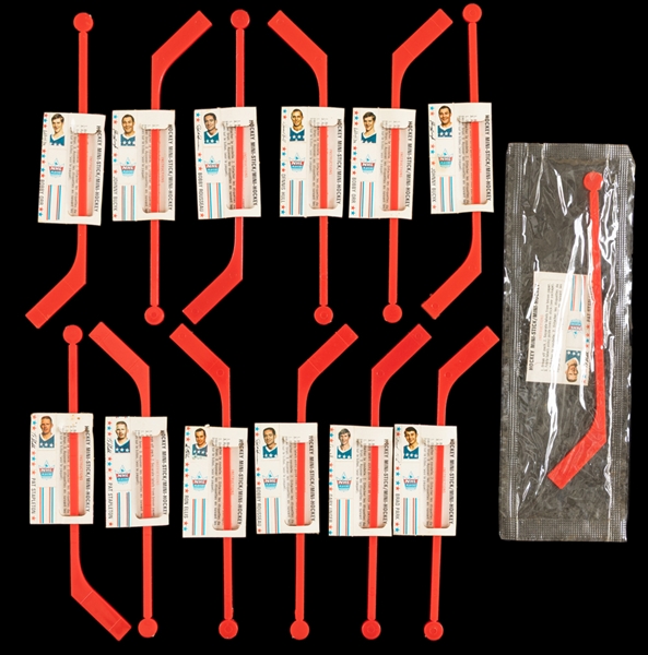1970-71 Post Hockey Mini-Sticks Collection Including Unused Examples with Attached Sheet of Player Decals (13) Plus Additional Mini-Sticks with Applied Decals (23)